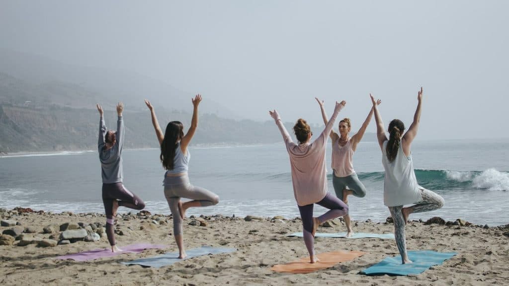 five woman standing on seashore