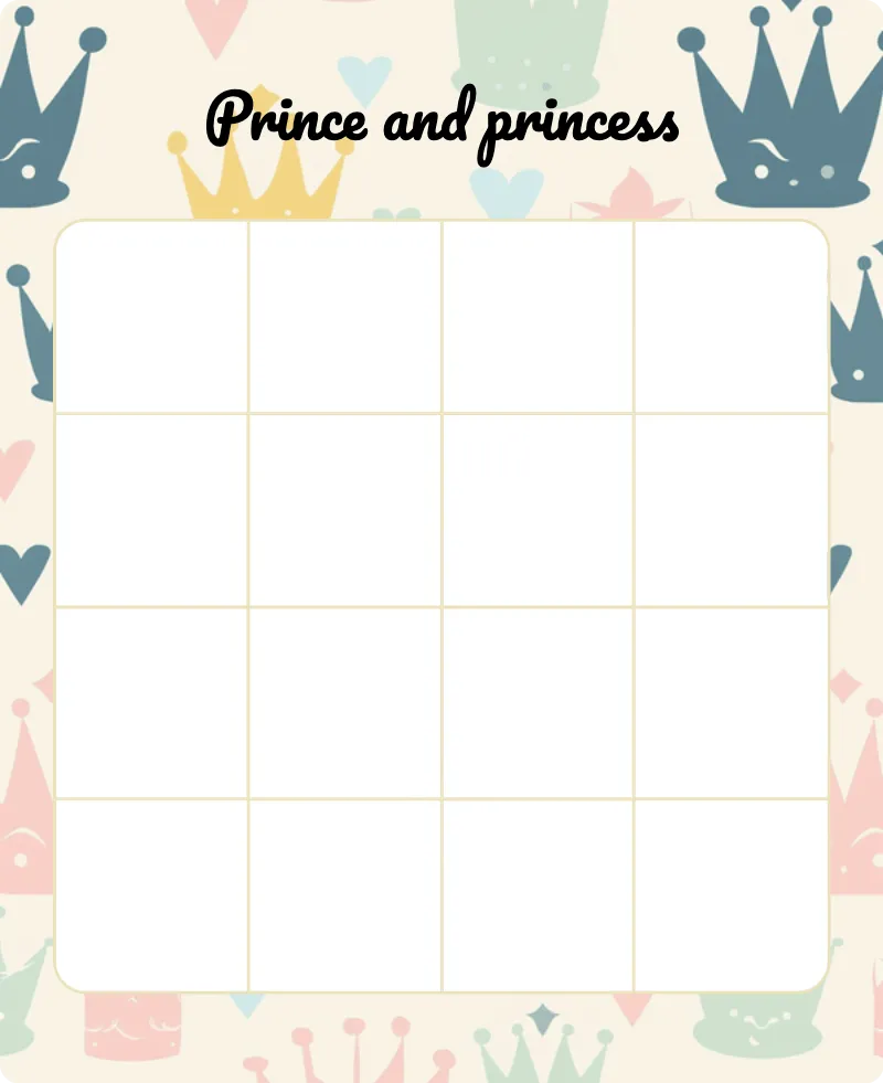 Prince & Princess illustrations blank bingo card