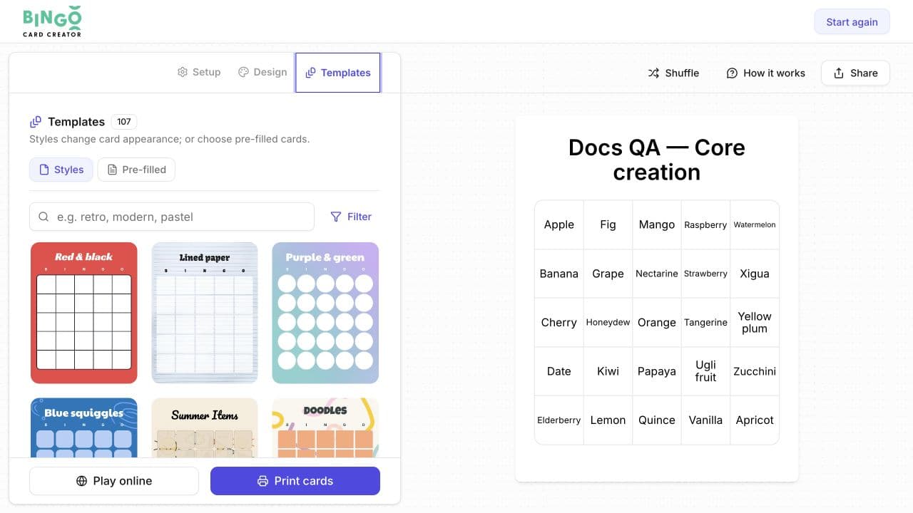 Templates tab with Styles and Pre-filled template choices.