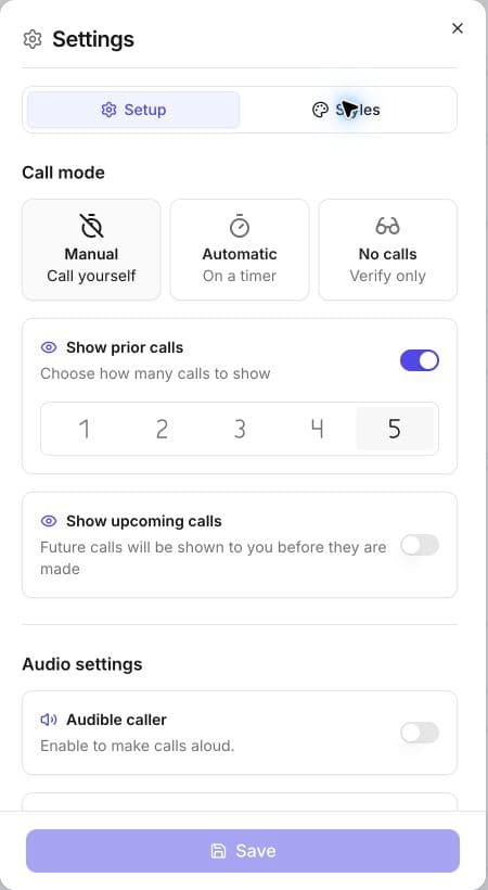 Online game settings with Manual, Automatic, and No calls modes plus prior-call and audio controls.