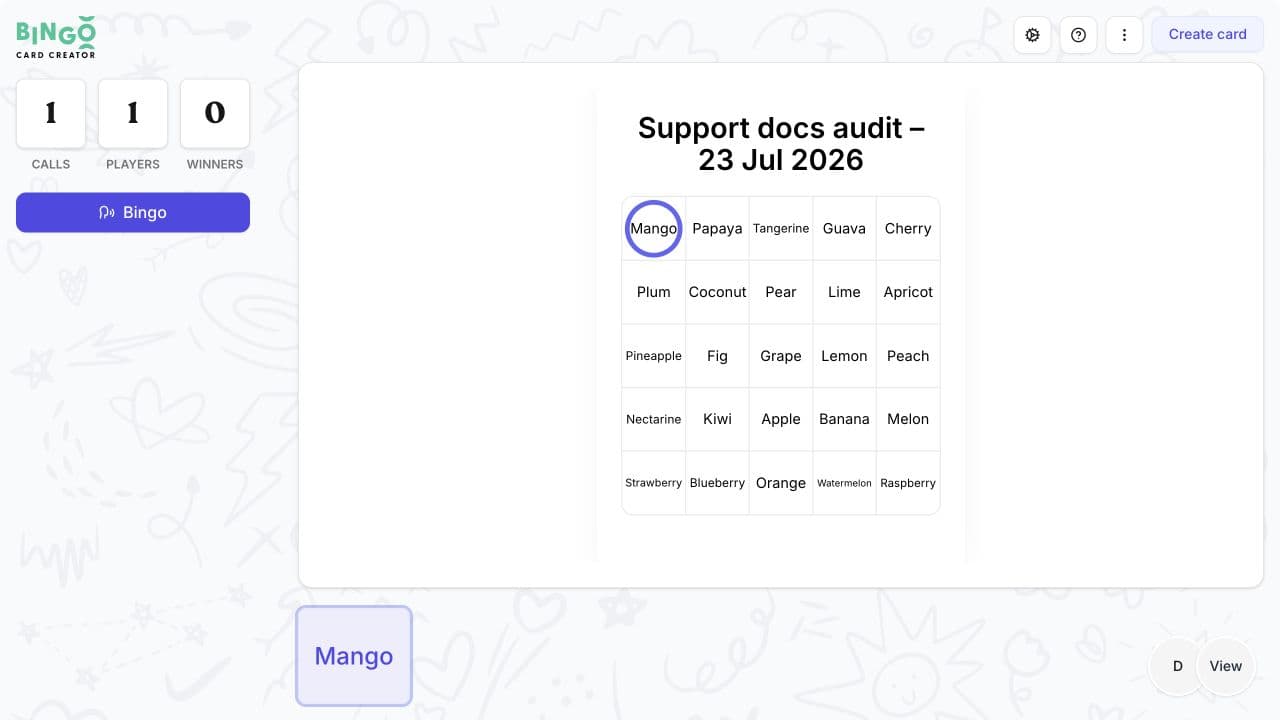 Online bingo player card with Mango marked after the first call.